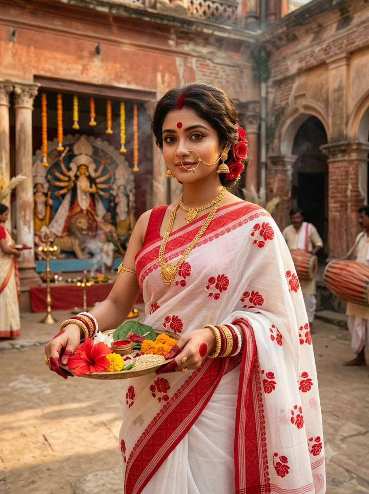 Ashtami Tangail Tant Cotton Saree (Rose Embroidery)