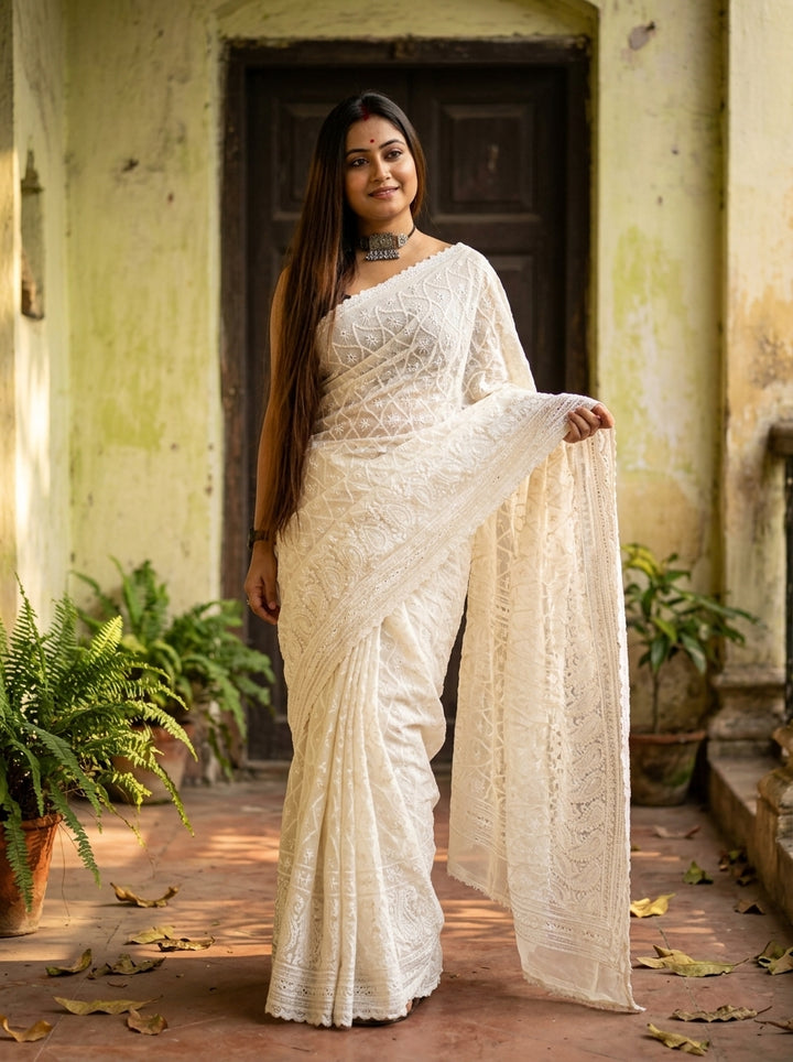 Subhrosree Chikankari Hakoba Saree