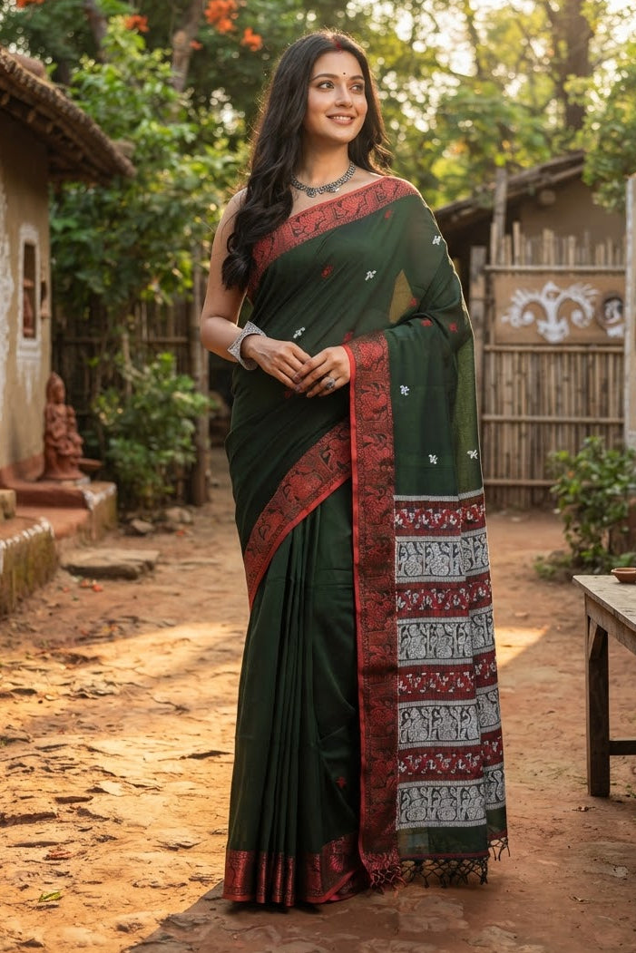 Worthy Cotton Jamdani (Cosmic Green)Saree
