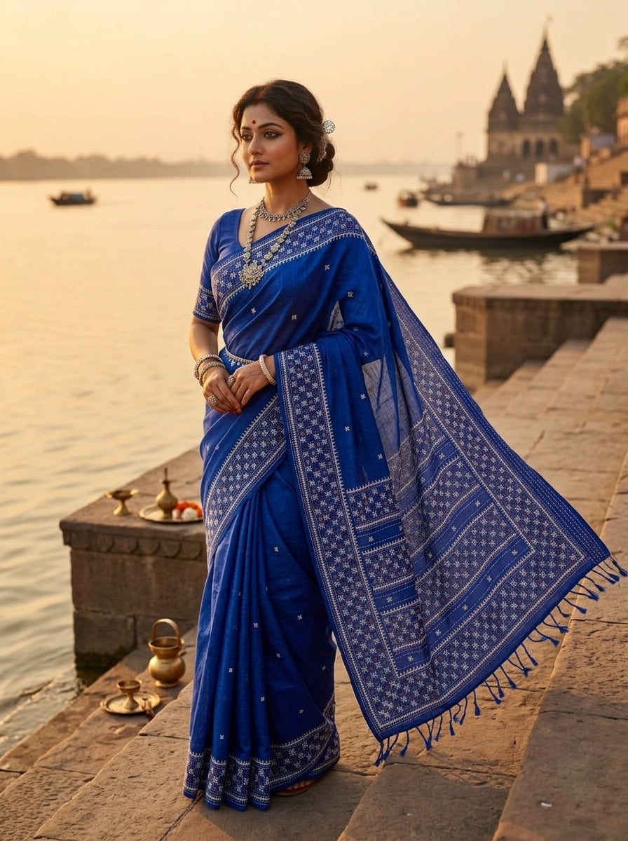 Ruprekha Semi Matka Silk Gujarati Print Kantha Border Saree