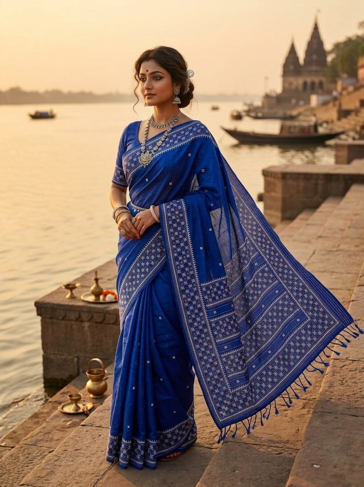 Ruprekha Semi Matka Silk Gujarati Print Kantha Border Saree