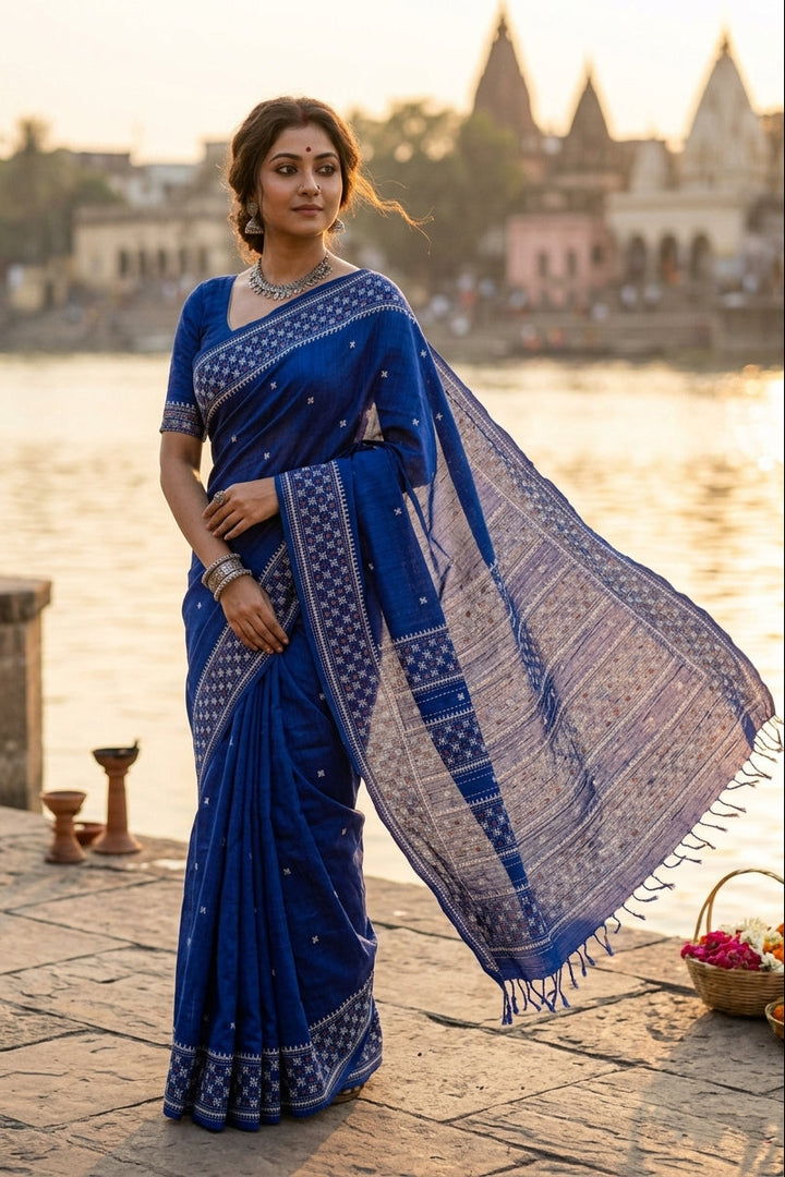 Ruprekha Semi Matka Silk Gujarati Print Kantha Border Saree