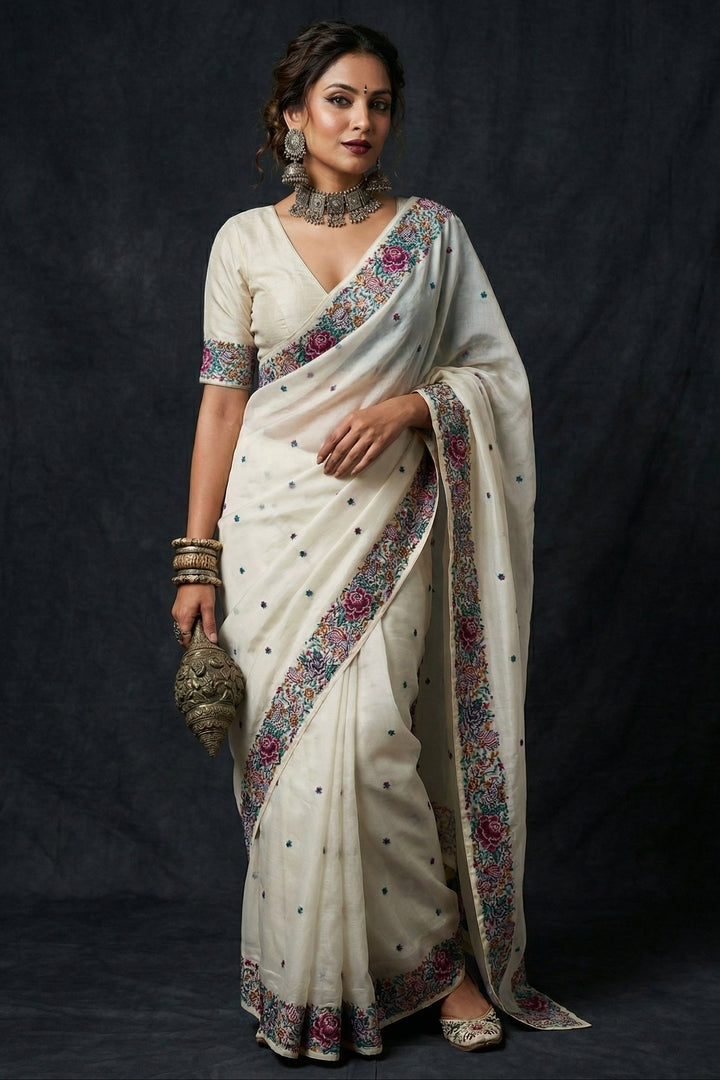 Blush With Designer Embroidery Tissue Silk Saree