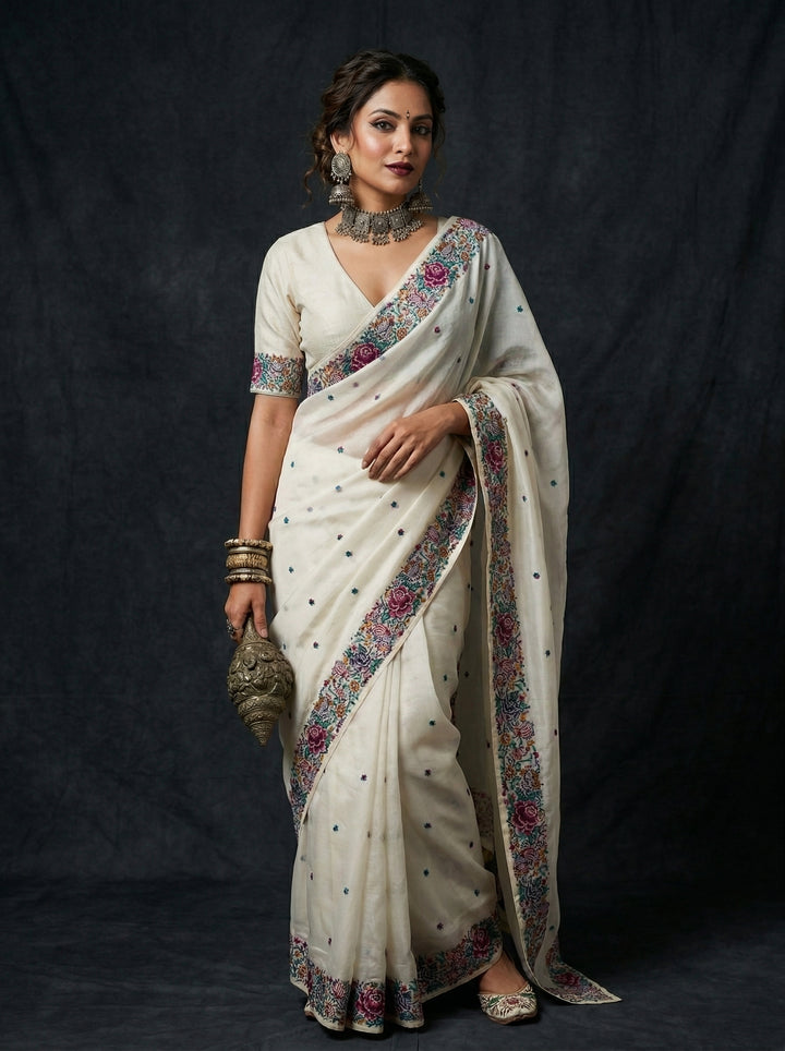 Blush With Designer Embroidery Tissue Silk Saree