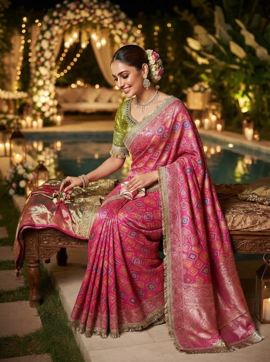 Celestial Splendour Satin Silk Mirrorwork Saree