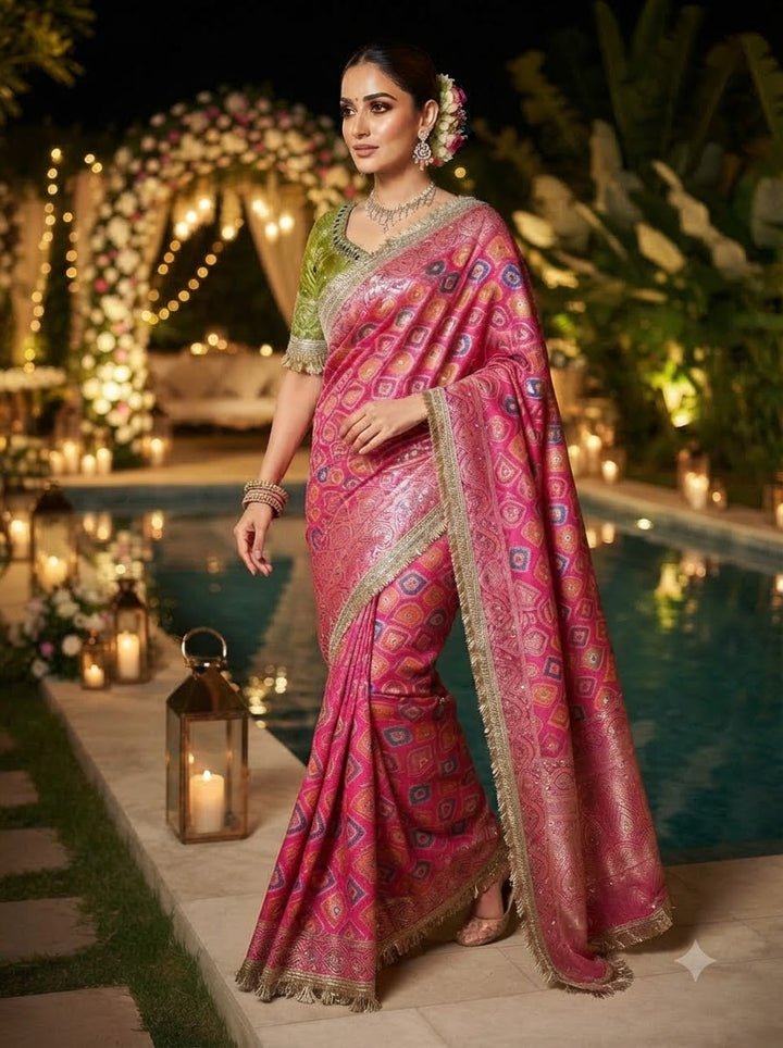 Celestial Splendour Satin Silk Mirrorwork Saree