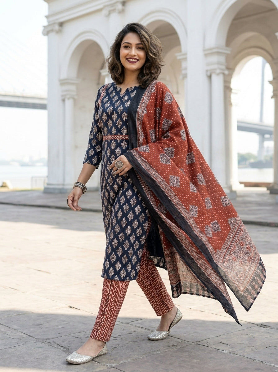 New Arrival - Ajrakh Print Cotton Kurti Set