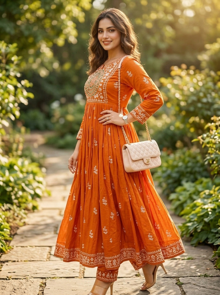 Velora Rust Cotton Kurti Set