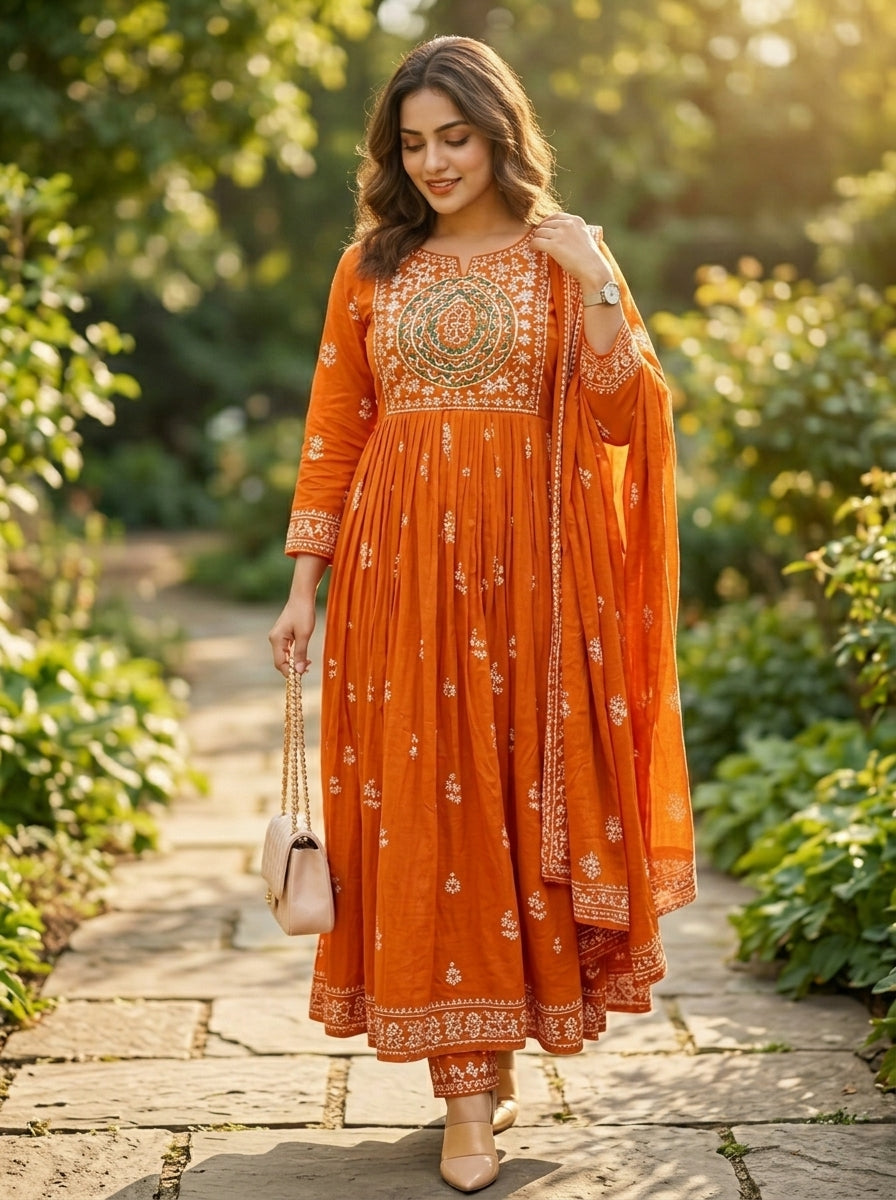Velora Rust Cotton Kurti Set