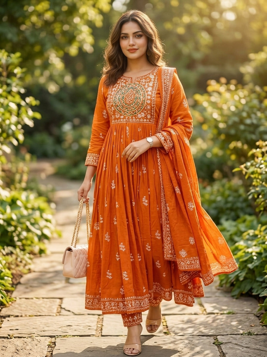 Velora Rust Cotton Kurti Set