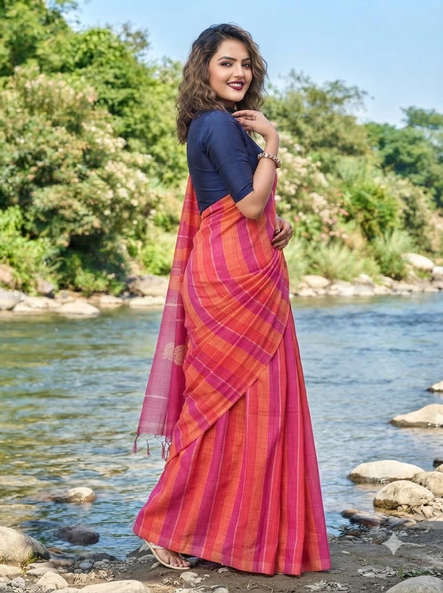 Linen Stripe (Pink) Pallu