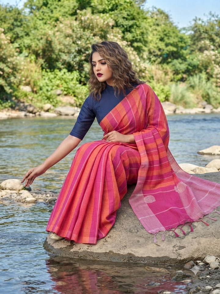 Linen Stripe (Pink) Pallu