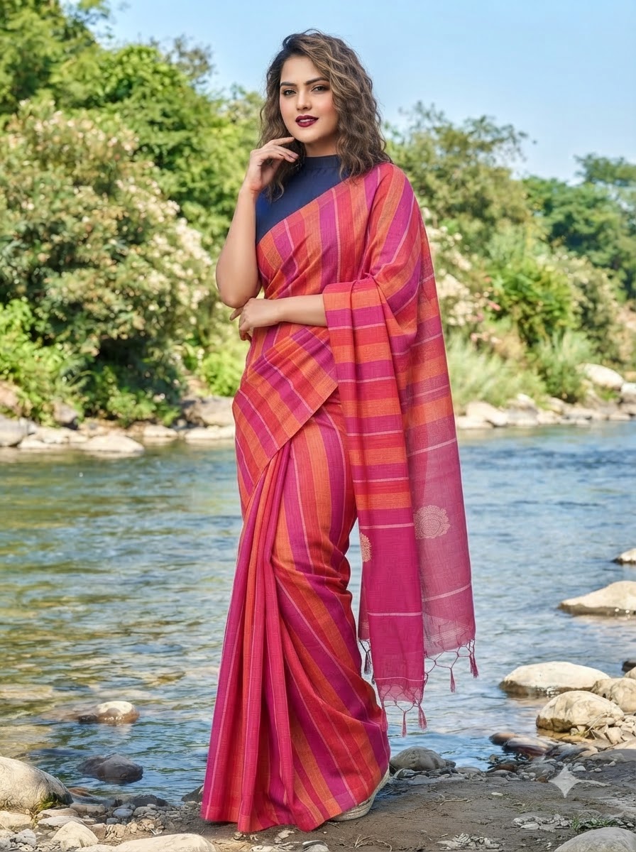 Linen Stripe (Pink) Pallu