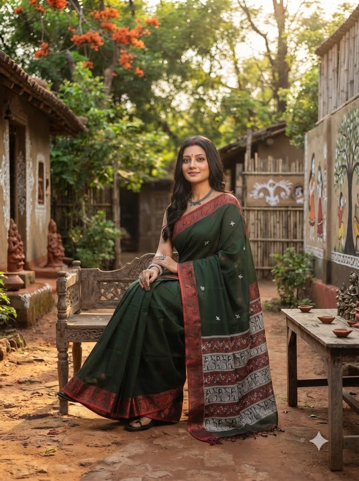 Worthy Cotton Jamdani (Cosmic Green)Saree