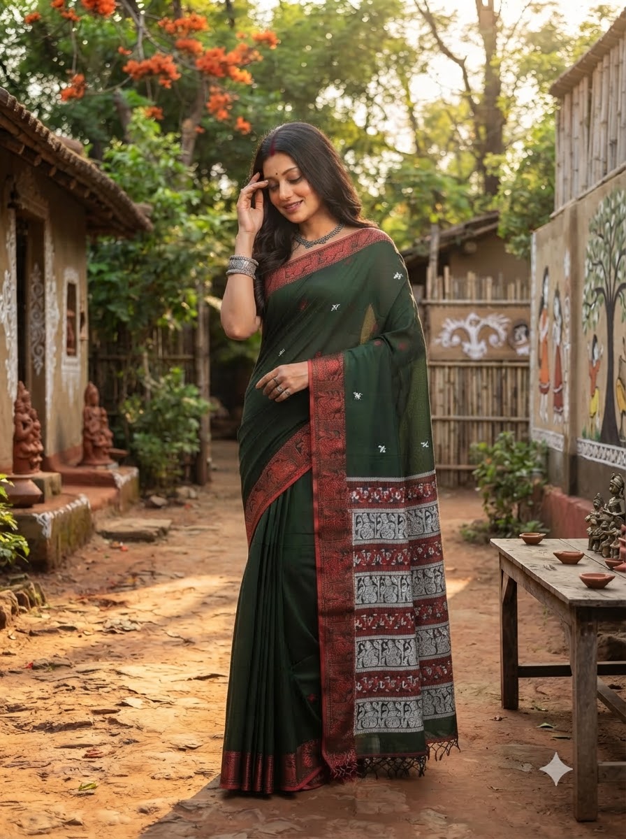 Worthy Cotton Jamdani (Cosmic Green)Saree