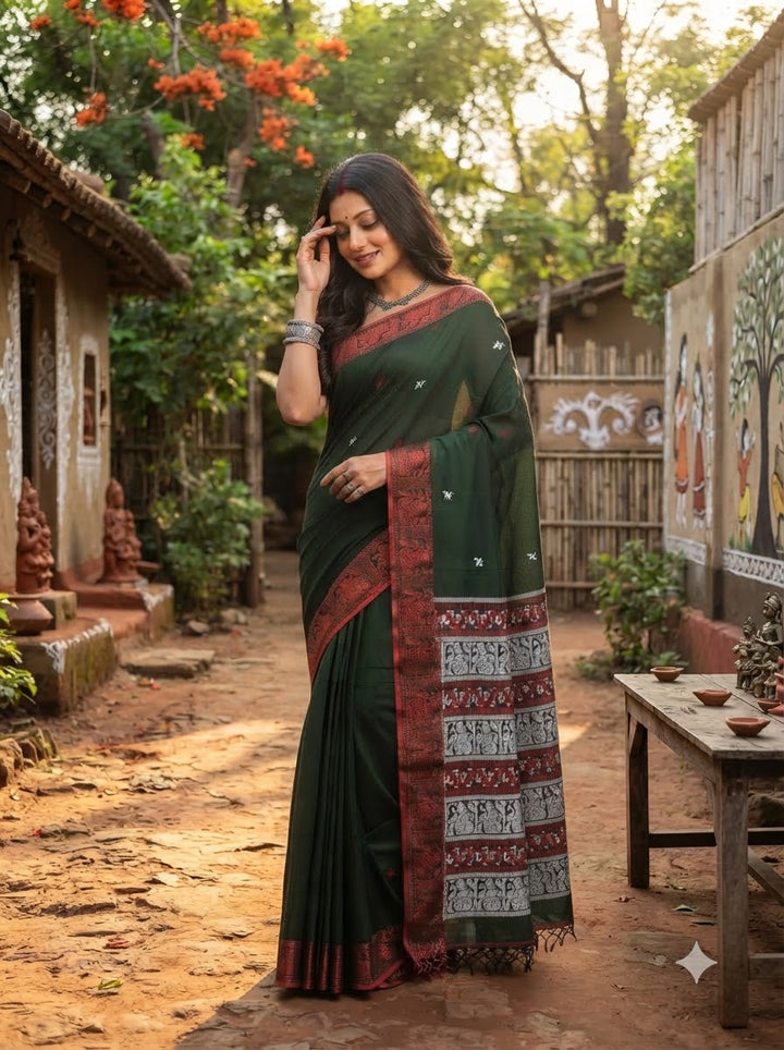 Worthy Cotton Jamdani (Cosmic Green)Saree