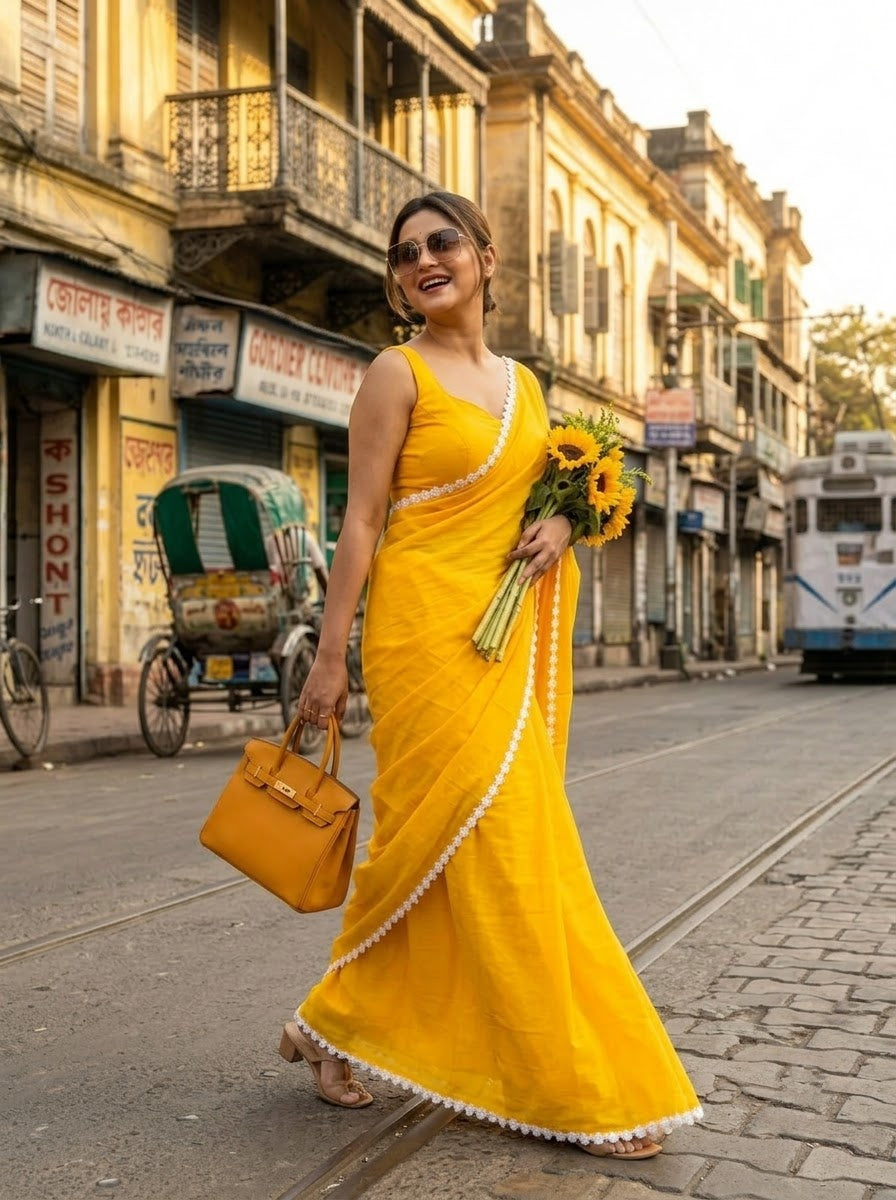 Meghanjali (মেঘাঞ্জলি)  Khadi Cotton Saree With Lace