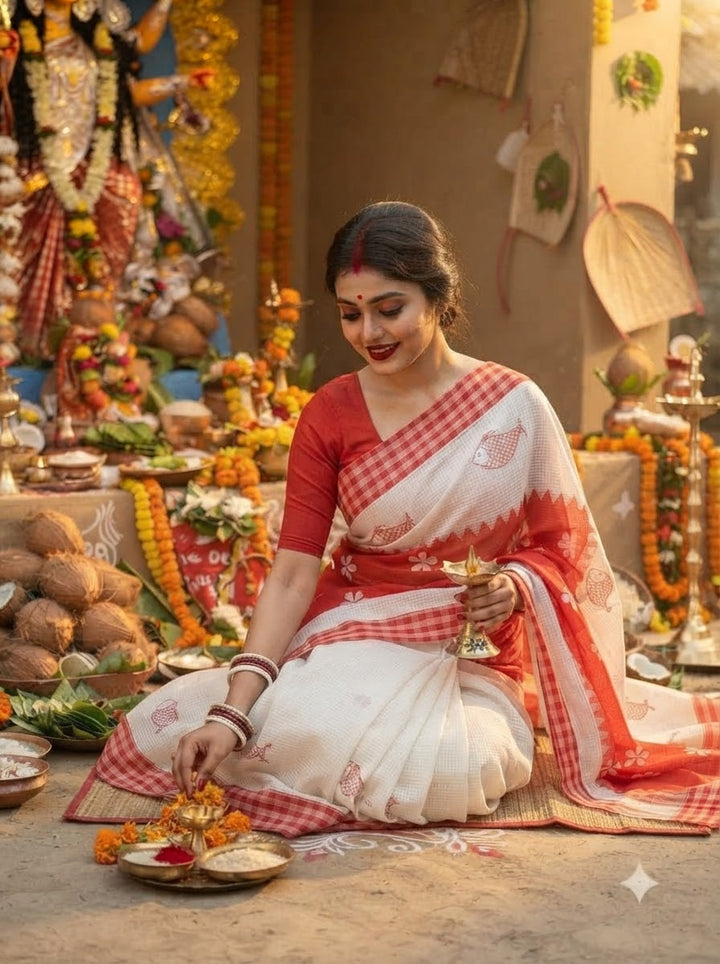 Matsyarekha Reshom Kota Saree With Applique Embroidery work