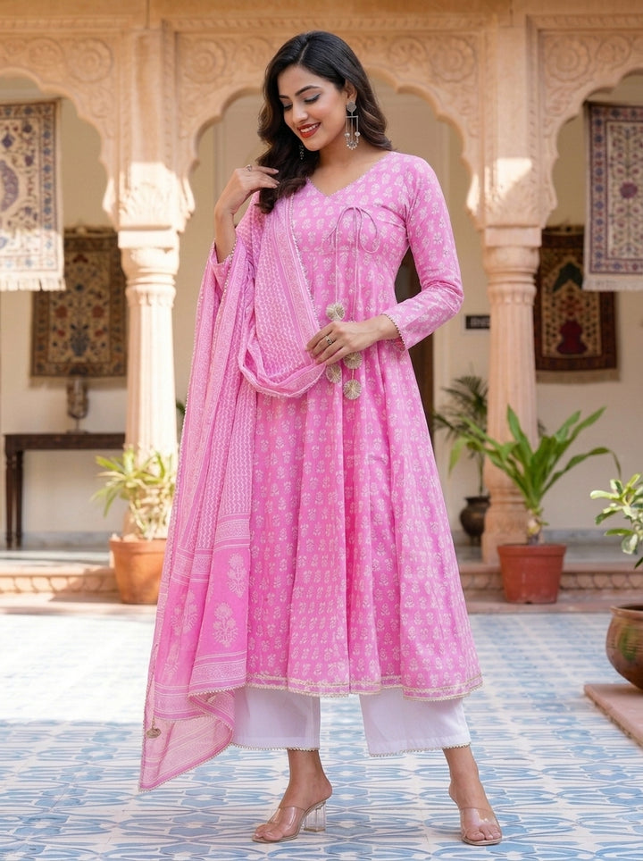 Cotton Candy Beautiful Angrakha Style Pink Cotton Kurti Set