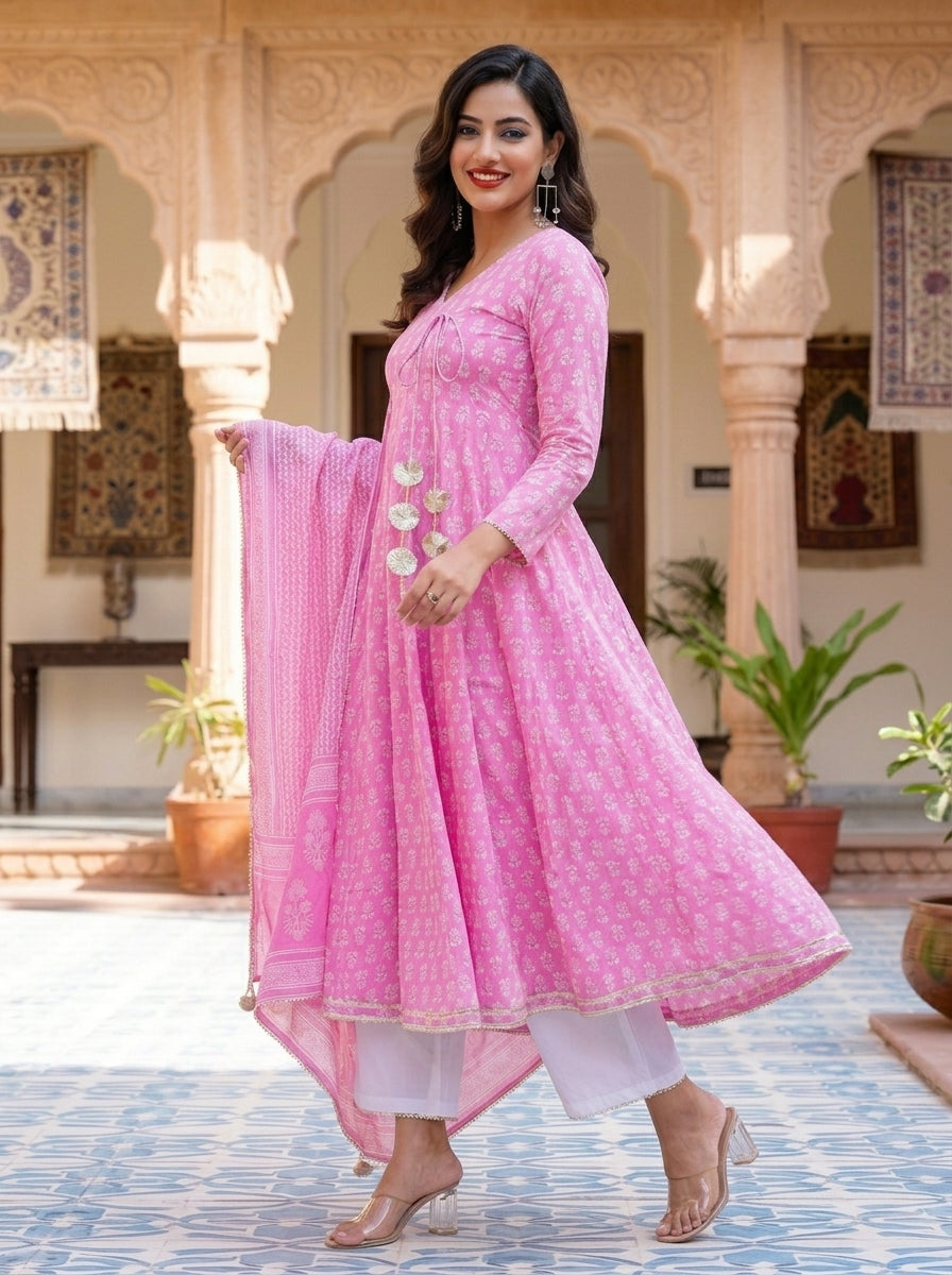 Cotton Candy Beautiful Angrakha Style Pink Cotton Kurti Set