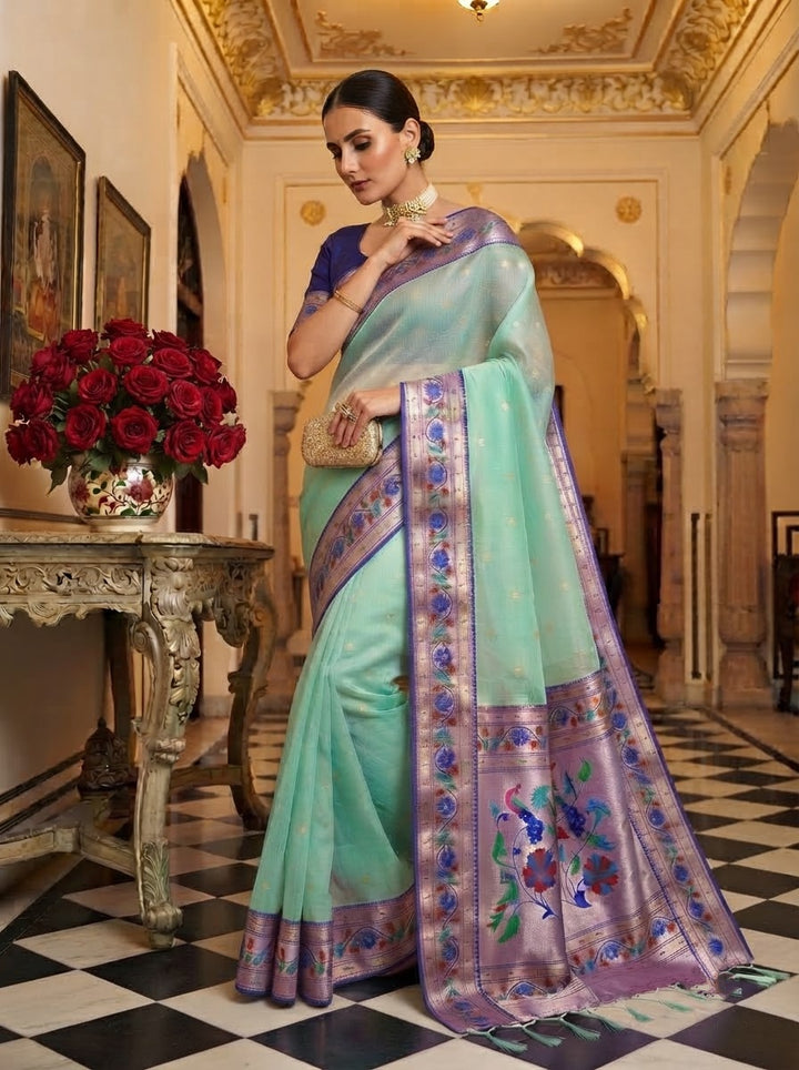 Golden Dew-Organza Silk (Semi) Saree with Minakari Zari Border & Designer Zari Pallu