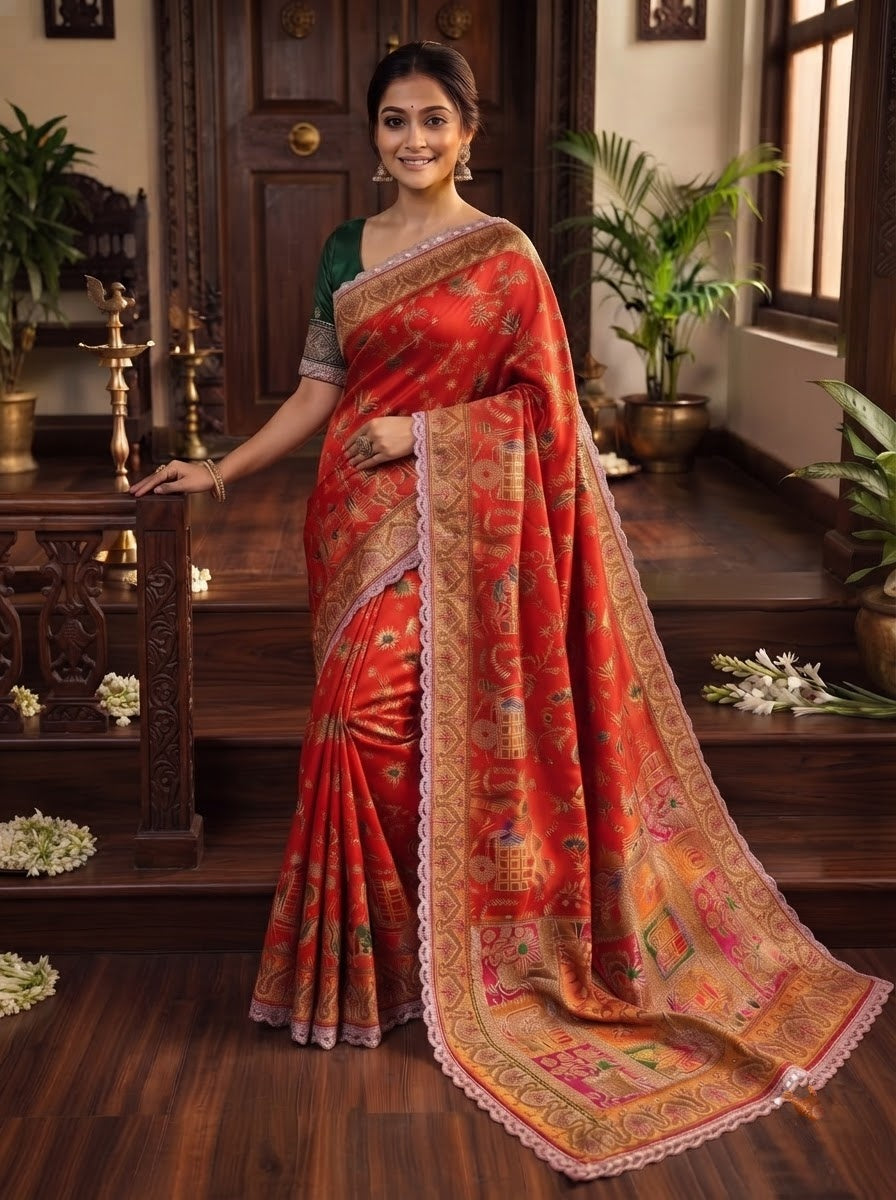 Rajwadi Noor Pashmina Silk Saree with Kashmiri Thread Weaving &amp; Heavy Zari Border