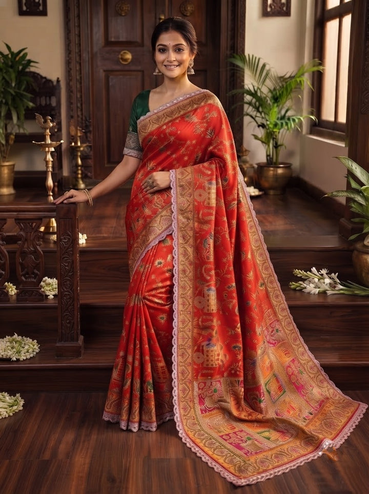 Rajwadi Noor Pashmina Silk Saree with Kashmiri Thread Weaving &amp; Heavy Zari Border