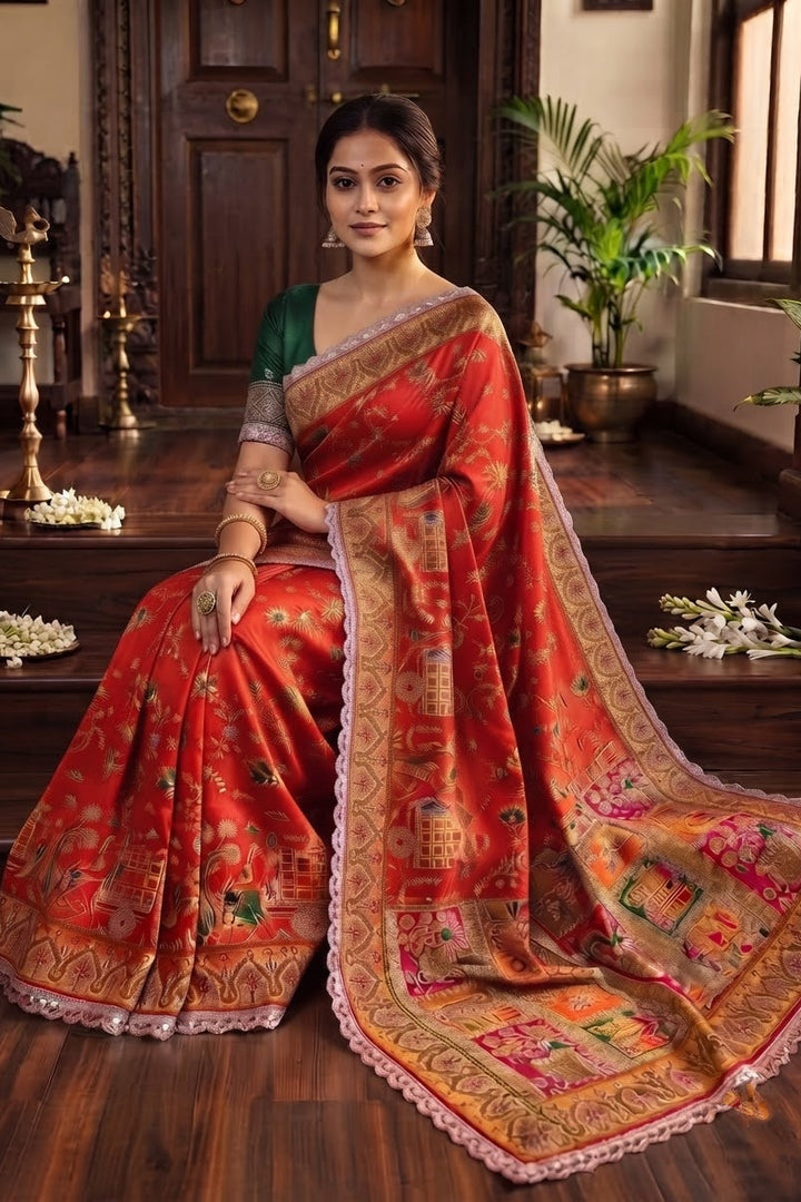 Rajwadi Noor Pashmina Silk Saree with Kashmiri Thread Weaving &amp; Heavy Zari Border