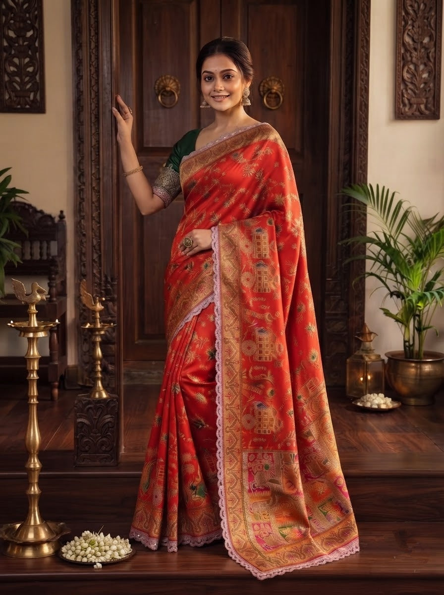 Rajwadi Noor Pashmina Silk Saree with Kashmiri Thread Weaving &amp; Heavy Zari Border