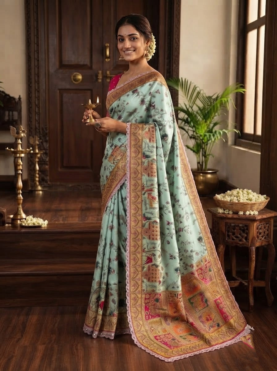 Rajwadi Noor Pashmina Silk Saree with Kashmiri Thread Weaving &amp; Heavy Zari Border