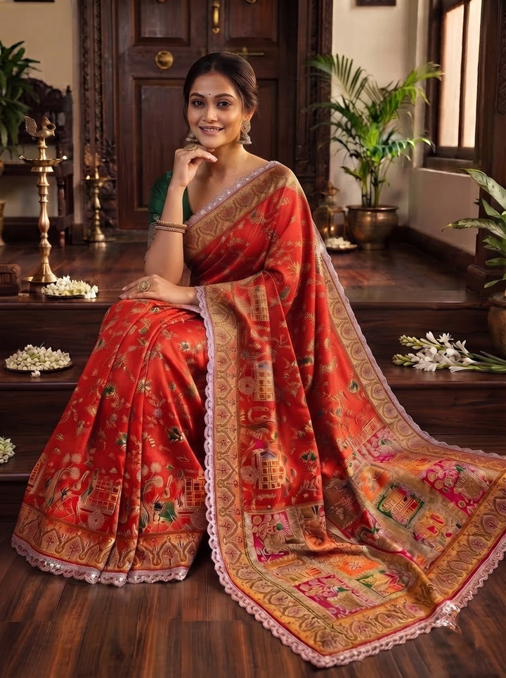 Rajwadi Noor Pashmina Silk Saree with Kashmiri Thread Weaving &amp; Heavy Zari Border
