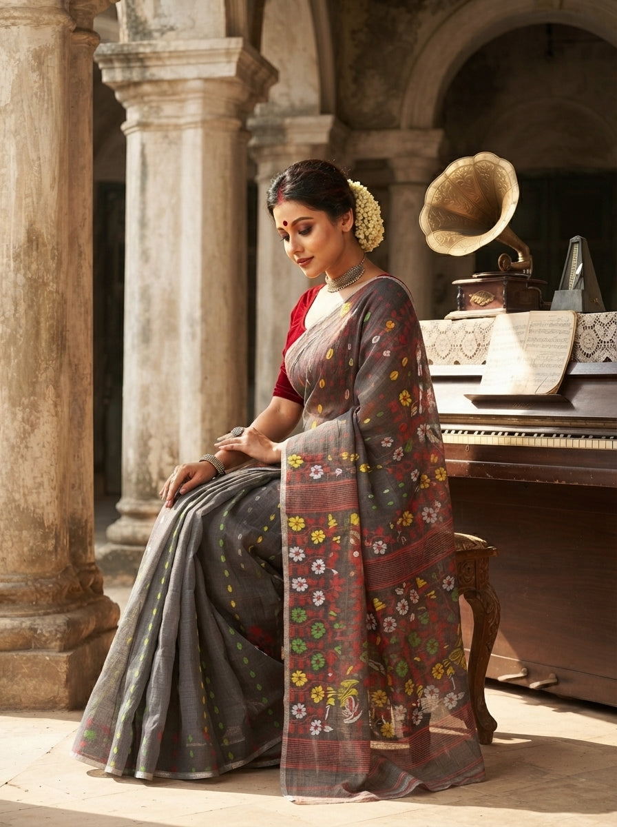 Grey Floral Dhakai Jamdani Saree