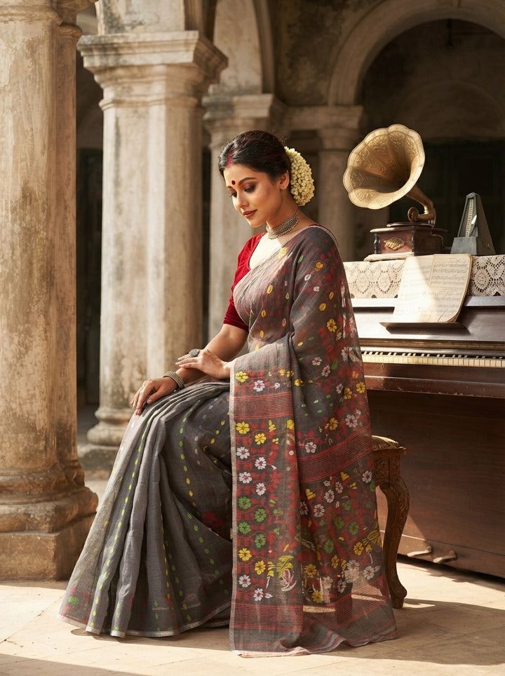 Grey Floral Dhakai Jamdani Saree