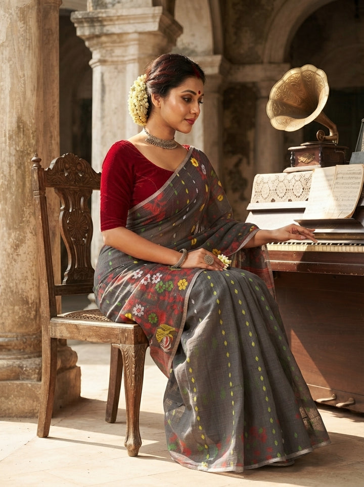 Grey Floral Dhakai Jamdani Saree