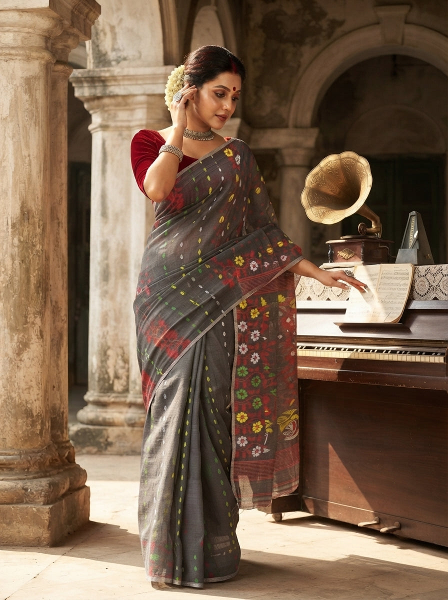 Grey Floral Dhakai Jamdani Saree