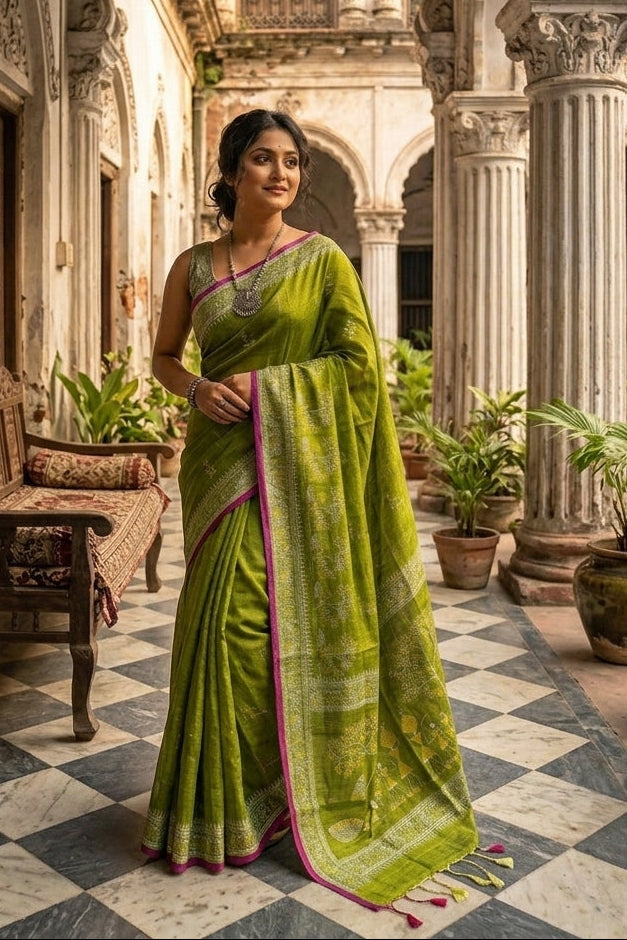 স্মৃতিচারণ (SmritiCharon )Tissue Cotton Saree( OLIVE )