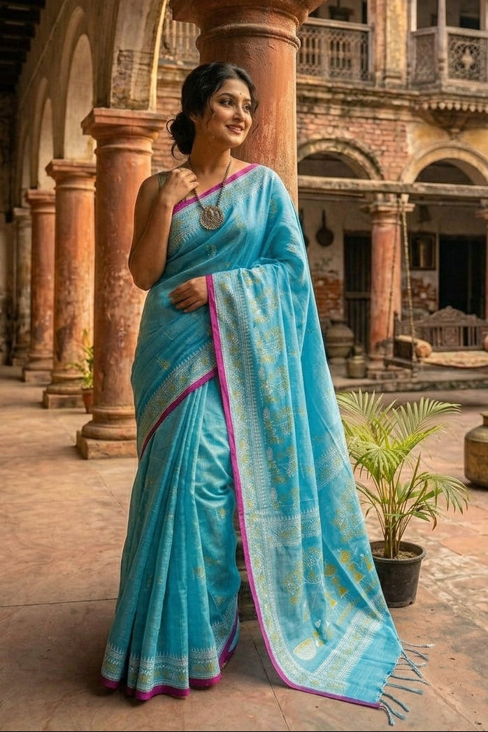 স্মৃতিচারণ (SmritiCharon )Tissue Cotton Saree(Sky)