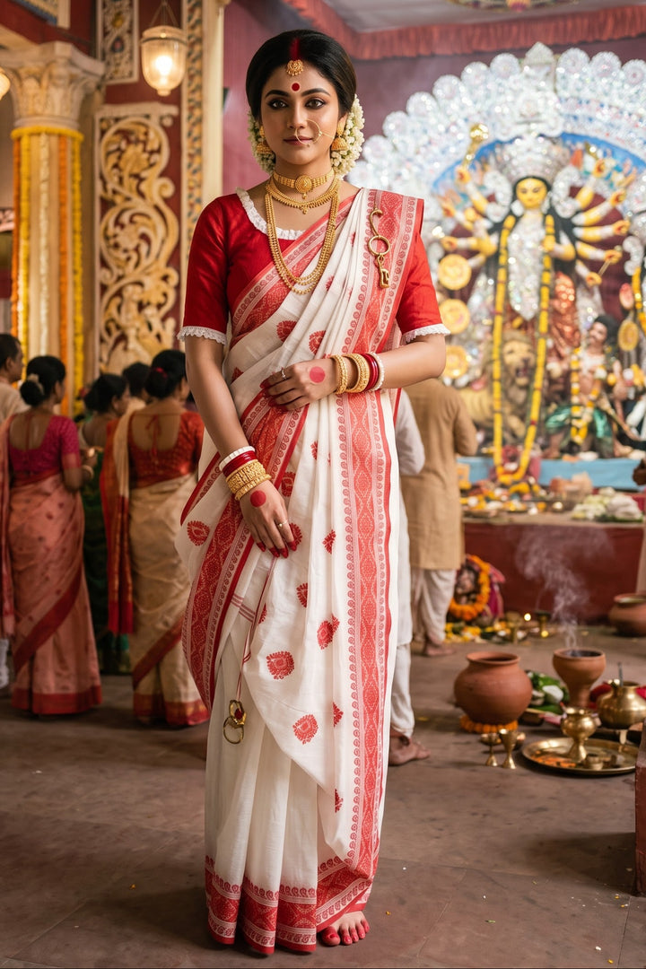 Ashtami Tangail Tant Cotton Saree(Kolka Embroidery)