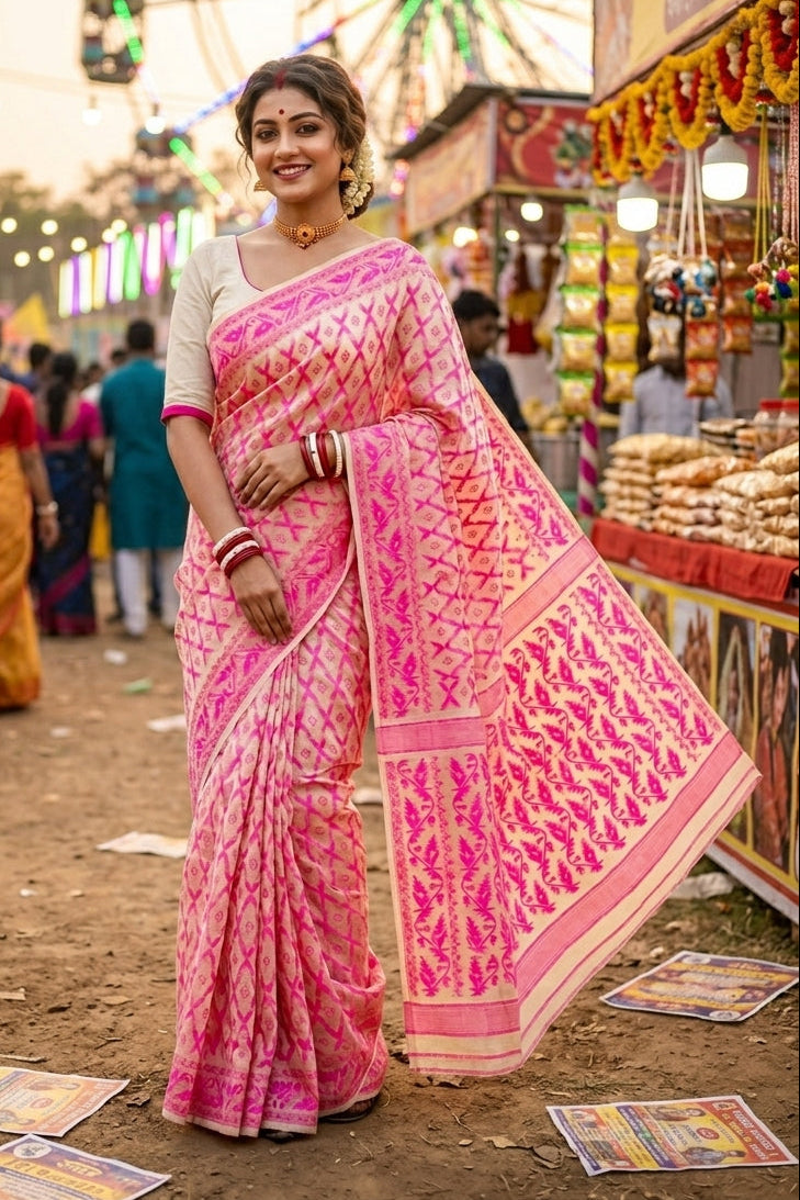Neel Komol ( নীল কমল )Bengal Jamdani Saree ( cream pink)