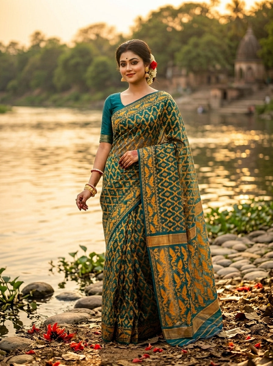 Neel Komol ( নীল কমল )Bengal Jamdani Saree (forest green)