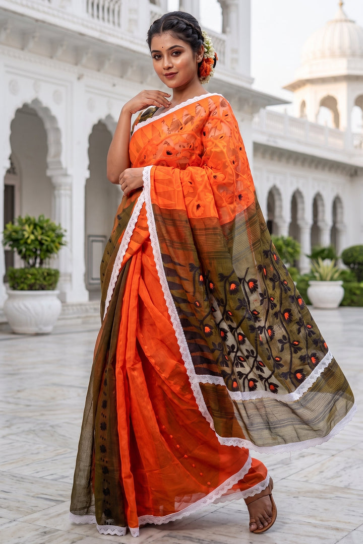 Binodini Bengal Jamdani Saree(Orange-brown)