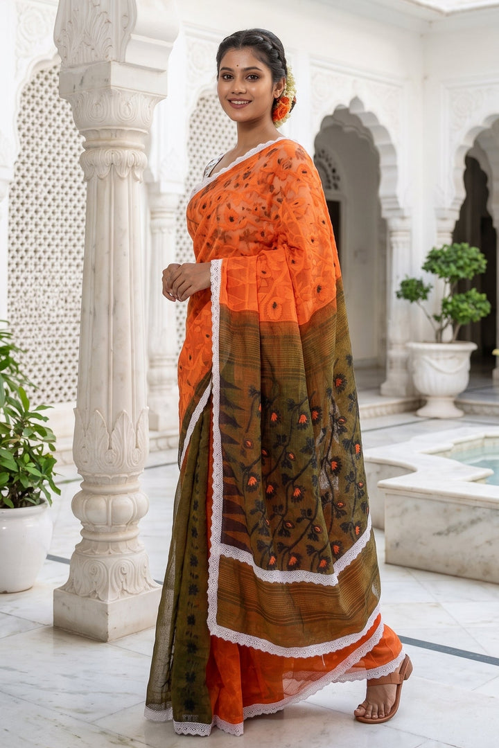 Binodini Bengal Jamdani Saree(Orange-brown)