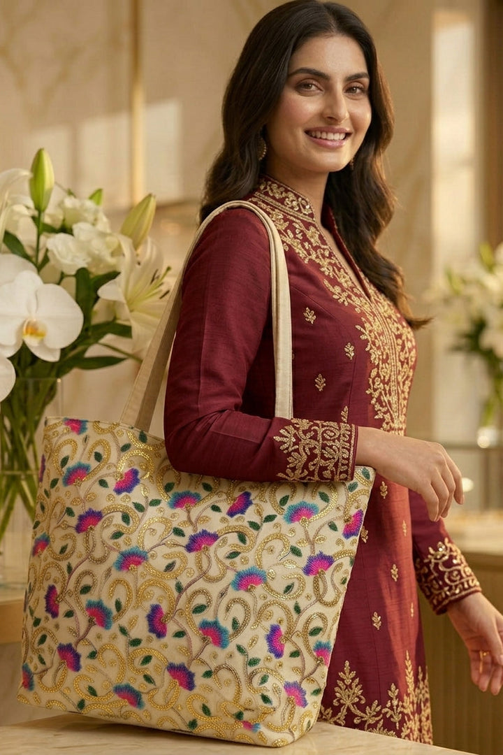 Elegance In Thoughts- Embroidered Tote Bag
