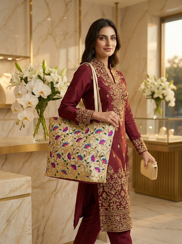 Elegance In Thoughts- Embroidered Tote Bag