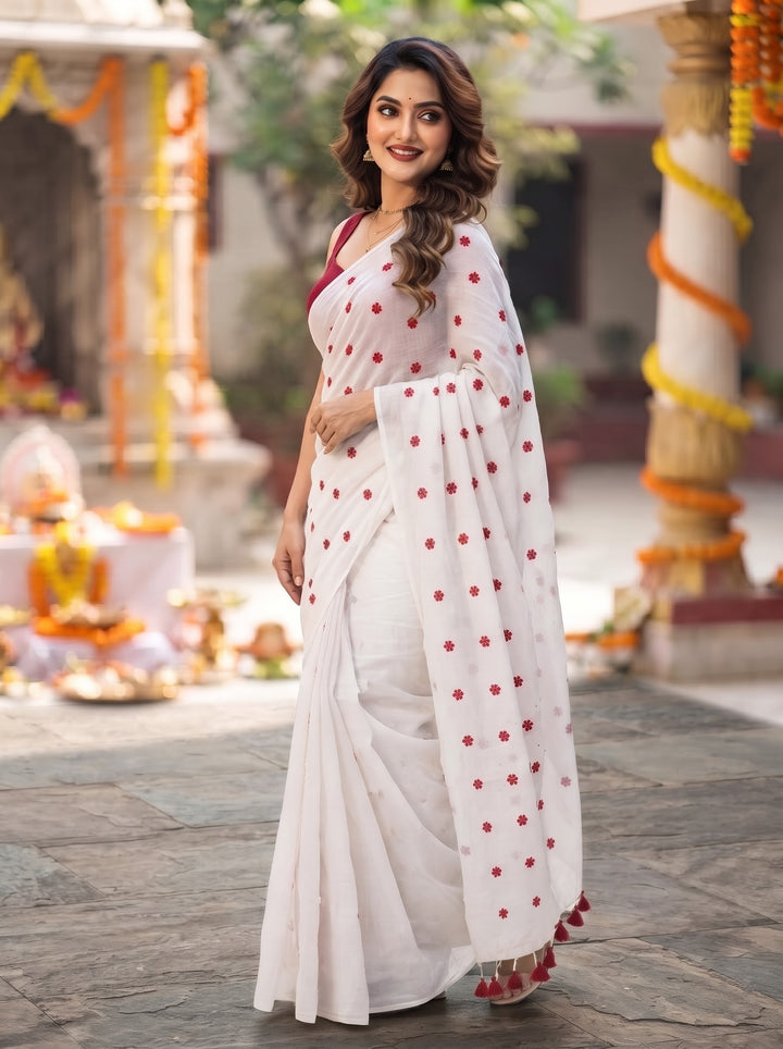 Kheya - Shiuli(Jasmine) Embroidered khadi Saree