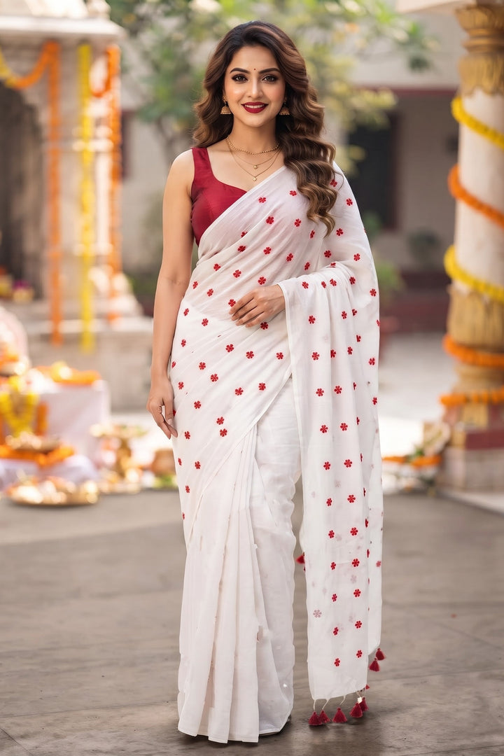 Kheya - Shiuli(Jasmine) Embroidered khadi Saree
