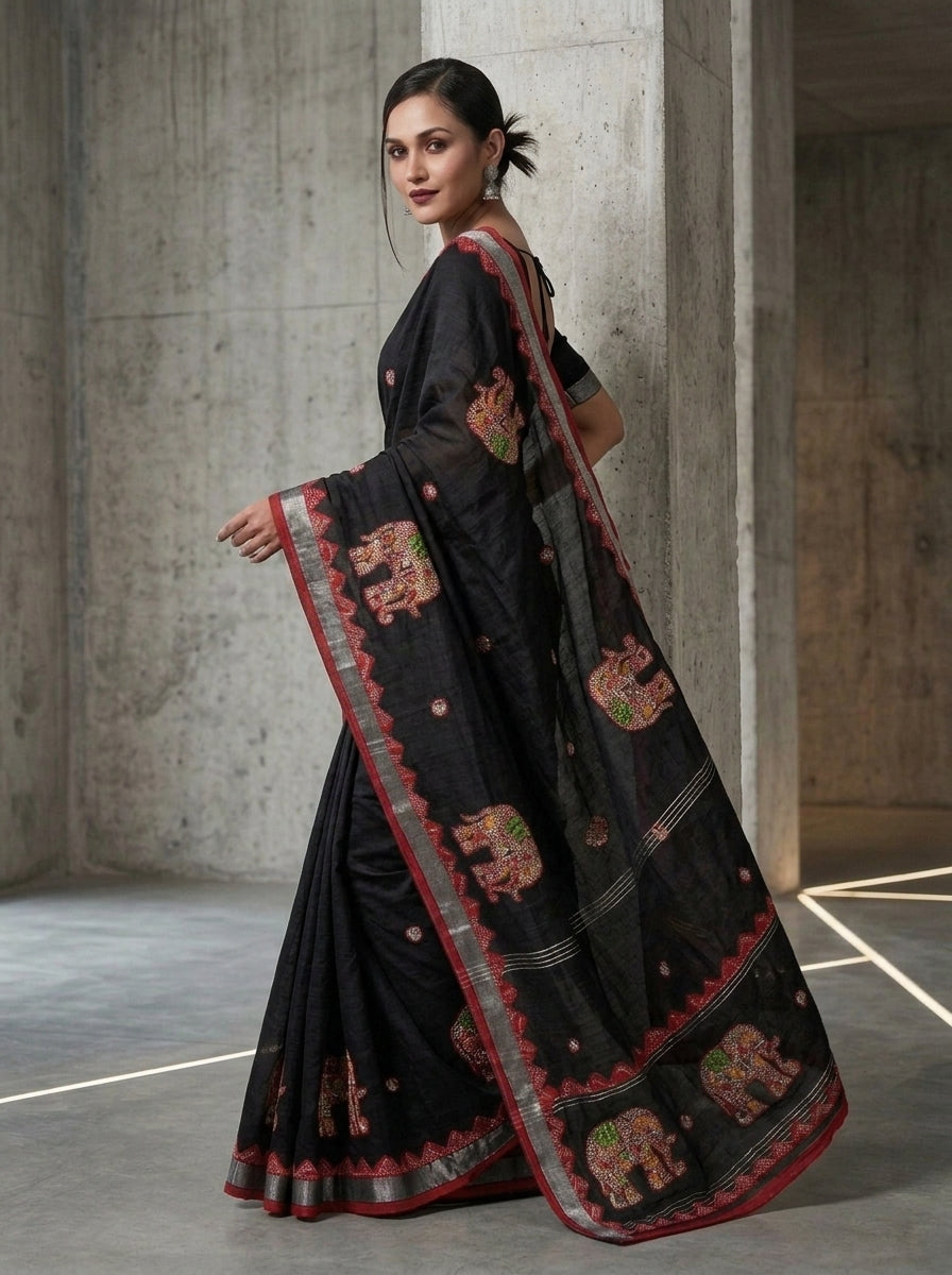 Rajhasti Khadi Linen Appliqué Work Saree