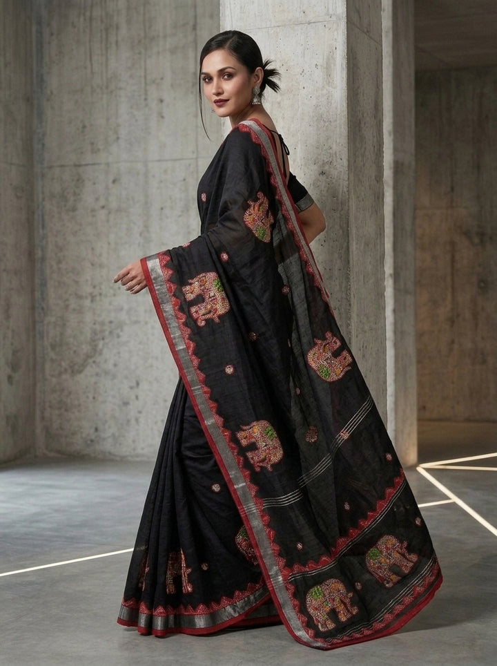 Rajhasti Khadi Linen Appliqué Work Saree