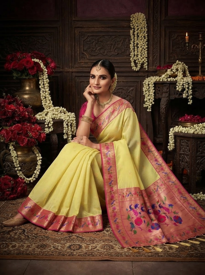 Golden Dew-Organza Silk (Semi) Saree with Minakari Zari Border & Designer Zari Pallu