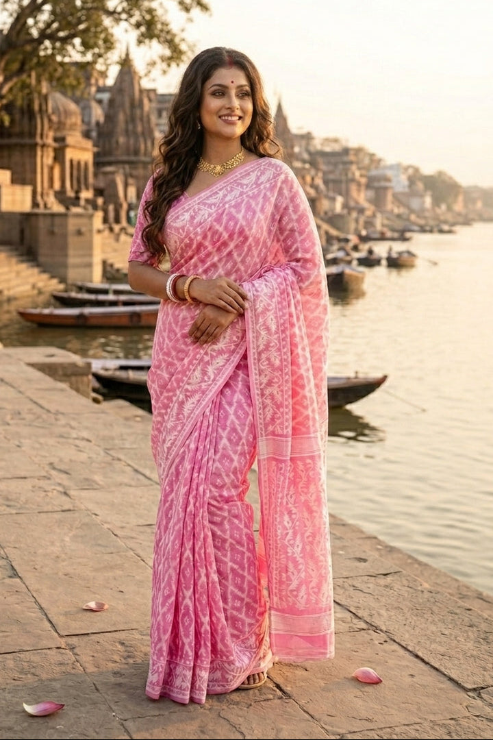 Neel Komol ( নীল কমল )Bengal Jamdani Saree (pink)